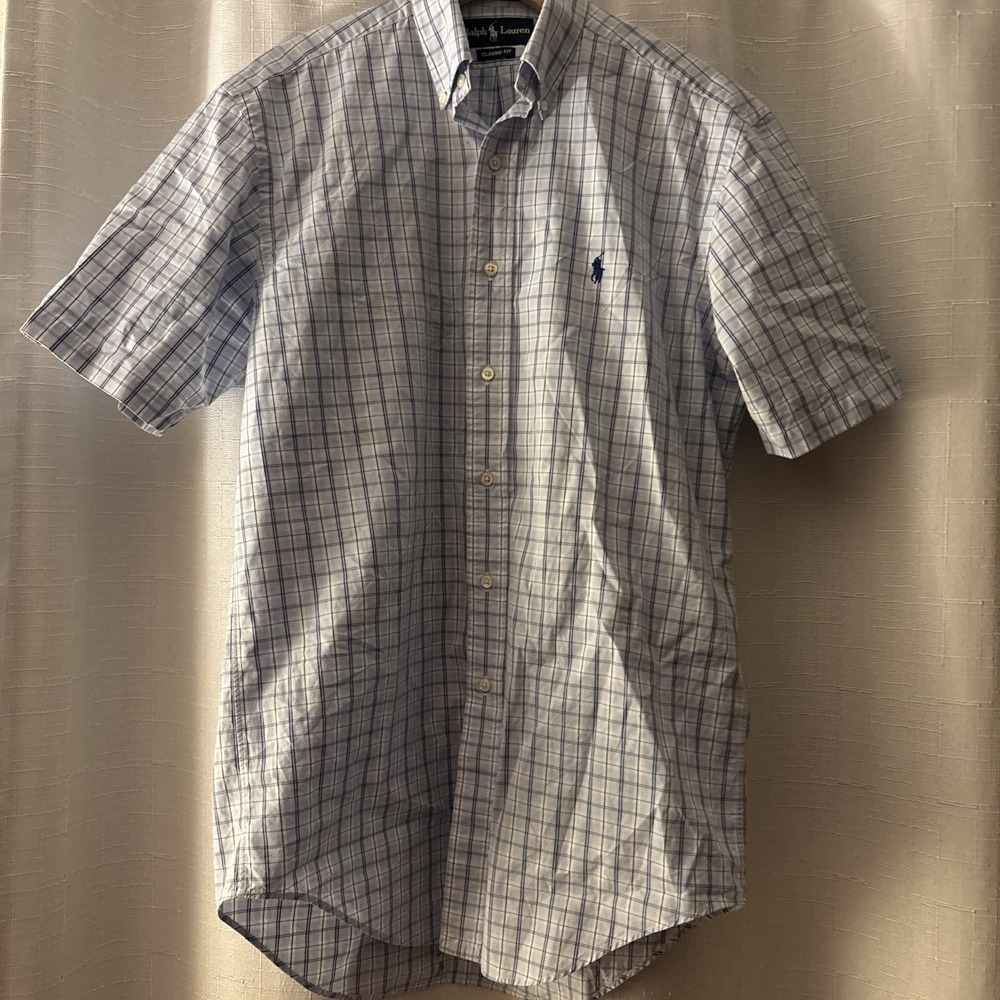 Ralph Lauren Classic Fit Blue Plaid Button Down Short Sleeve Shirt Men's Size M